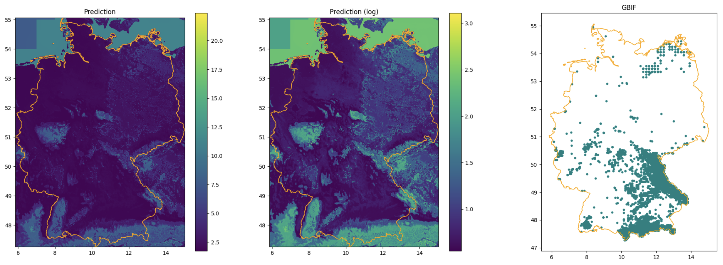 The plot, showing three maps, two with the distribution and one with the distribution of the training data