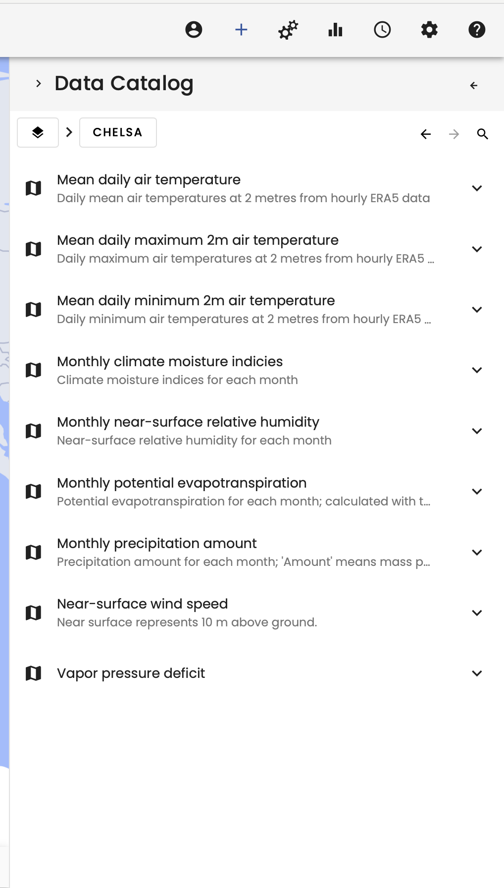 Sidebar with data catalog. Currently the data catalogue is opened with the CHELSA tab containing multiple weather layer