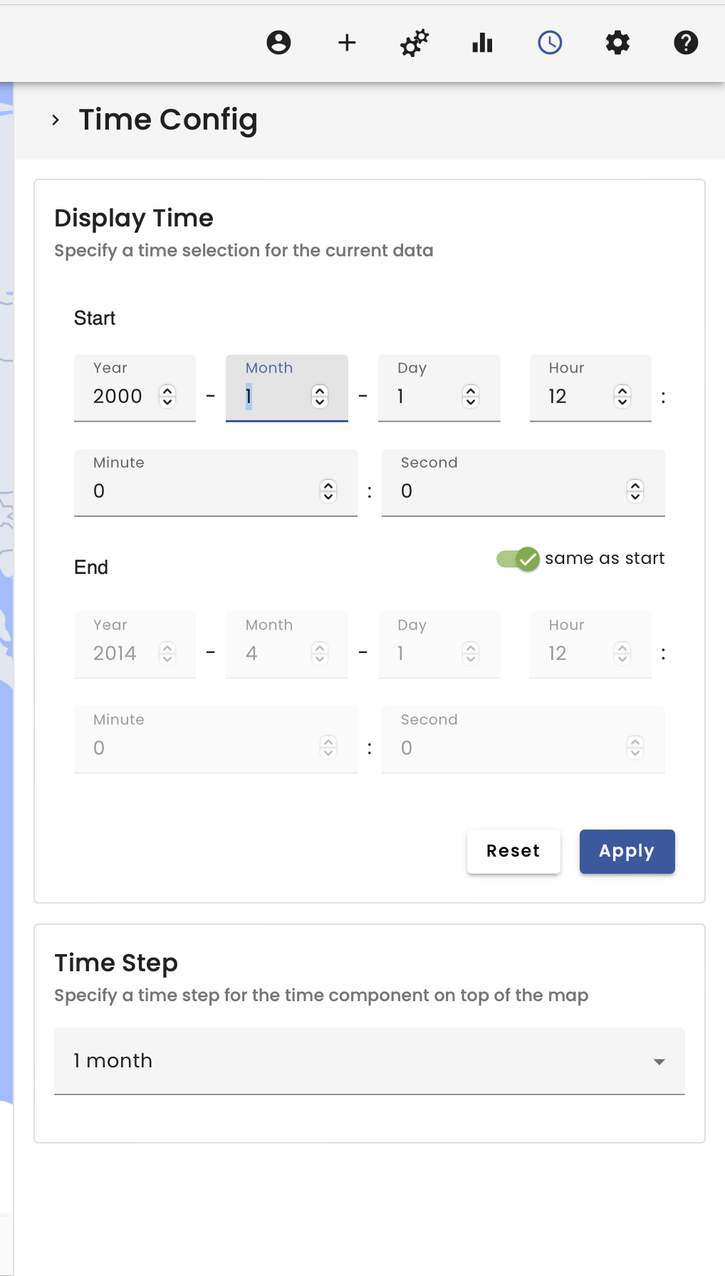 Sidebar with time configuration menu, where the time can be set to address temporal boundaries of spatio-temporal data