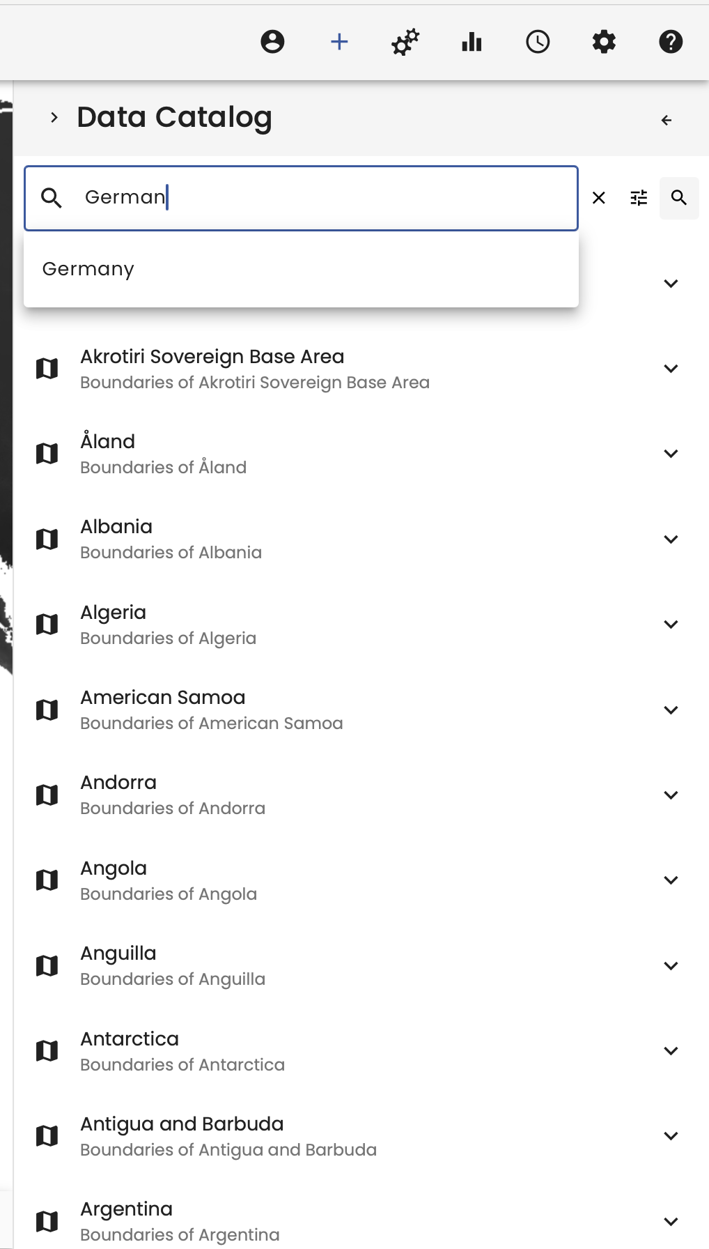Sidebar with data catalog. Currently the data catalog is selected and the search function is used to search for the German boundaries