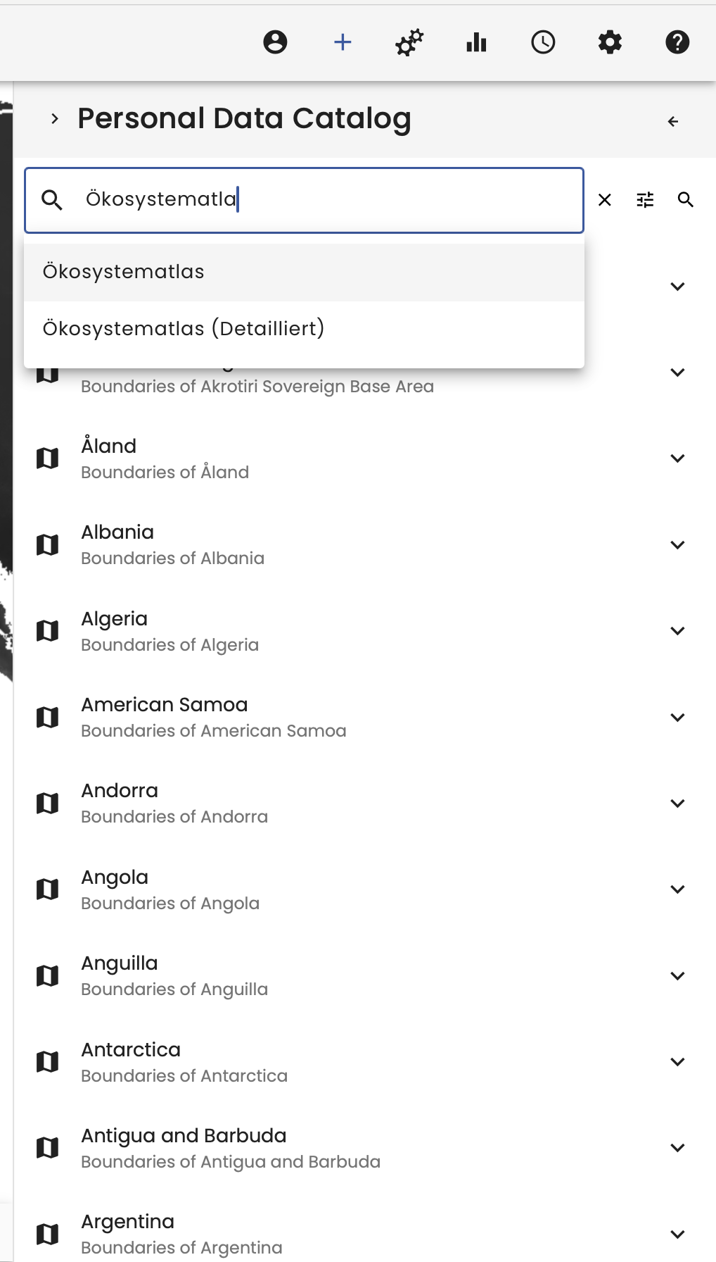 Sidebar with data catalog. Currently Personal data catalogue is selected search function is used to find the Oekosystematlas